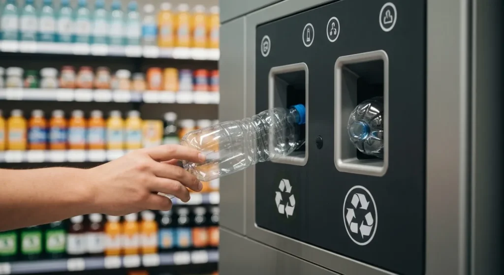 O mașină automată de returnare a sticlelor de plastic într-un supermarket din Norvegia, cu sticle goale introduse în aparat.