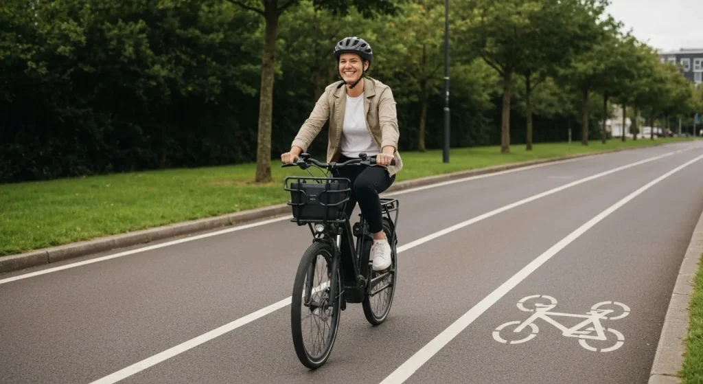 O imagine cu o persoană adultă zâmbitoare care merge pe bicicletă electrică pe o pistă dedicată pentru biciclete, într-un mediu urban.
