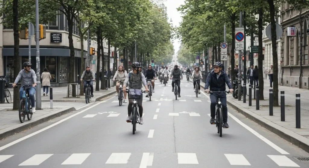 O stradă urbană cu piste dedicate pentru biciclete, pe care circulă diverse persoane pe biciclete electrice moderne.