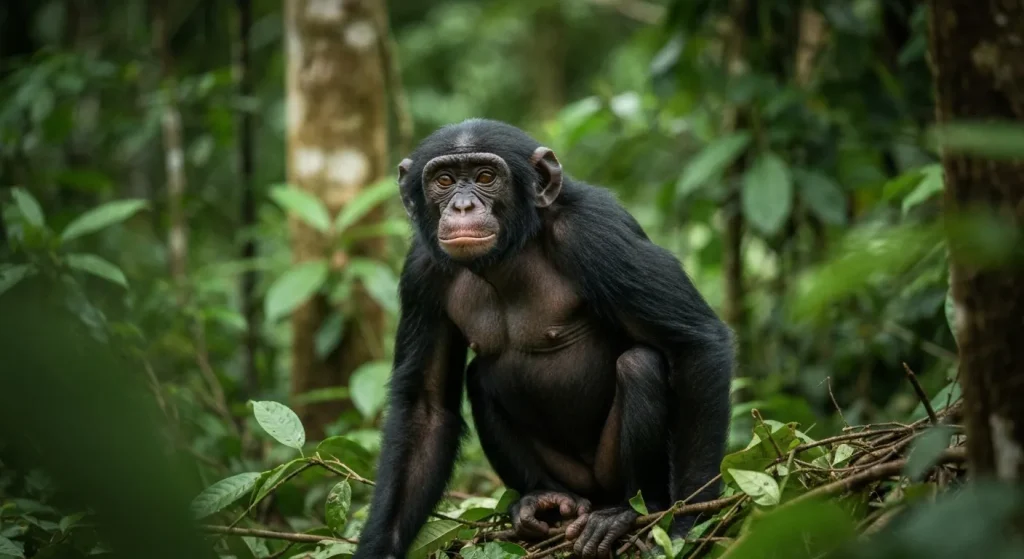 Un bonobo, maimuță mare pe cale de dispariție, stă într-o pădure tropicală densă.