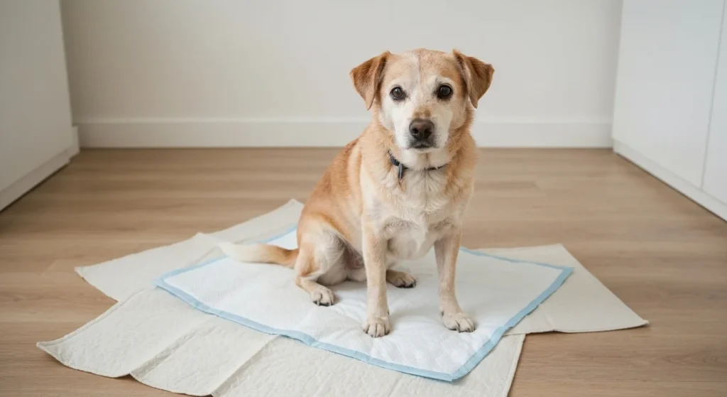 Un câine senior stă lângă o litieră pentru câini, într-o zonă desemnată pentru nevoile fiziologice în interiorul casei.