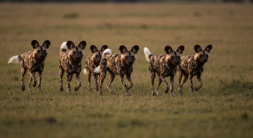 Un grup de câini sălbatici africani aleargă printr-o savană, la apus.