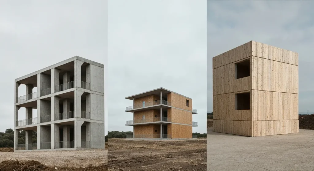 O imagine comparativă a structurilor din beton, oțel și lemn, evidențiind diferitele lor amprente de carbon încorporat.