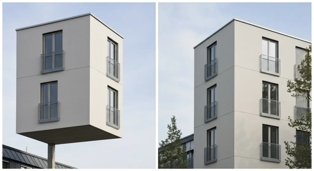 Clădire modernă, simplă, dreptunghiulară, cu balcoane mici din plasă metalică.