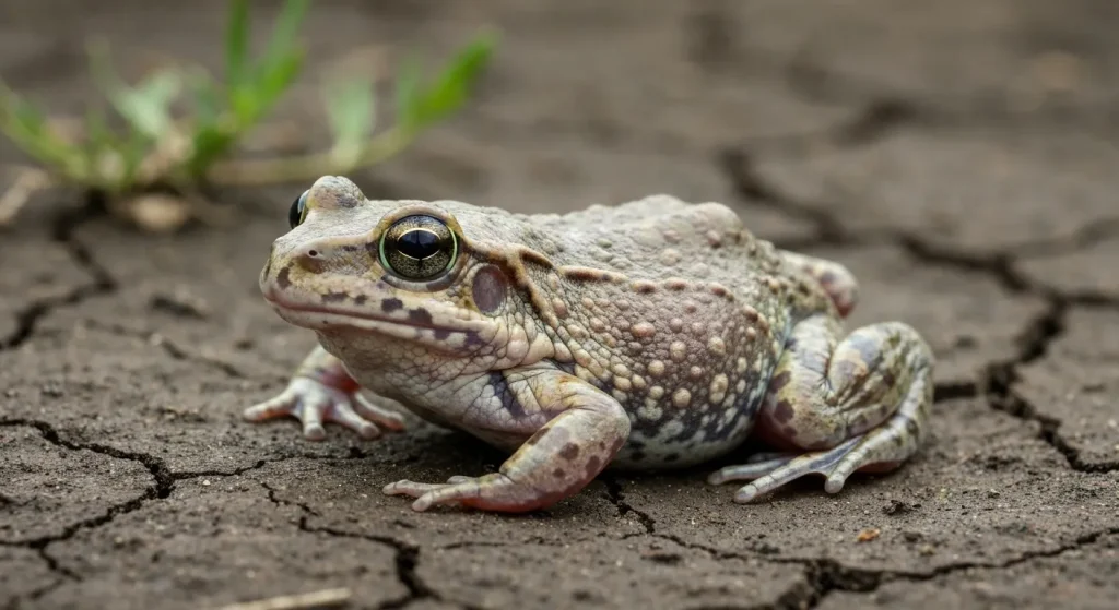 O specie de amfibian bolnavă, cu piele afectată, într-un habitat degradat.