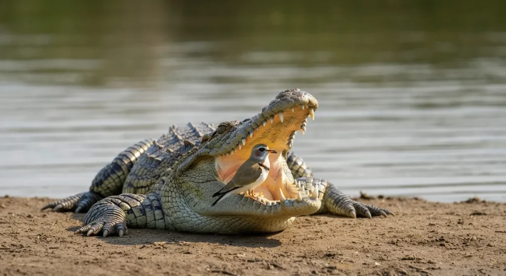 Un crocodil cu gura deschisă la soare, cu o pasăre mică în interiorul gurii sale.