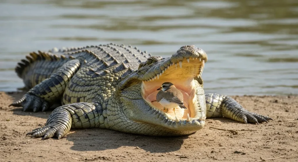 Un crocodil cu gura deschisă la soare, cu o pasăre mică în gură.