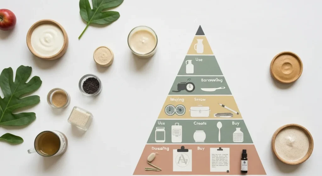 Ilustrație a unei piramide care prezintă Ierarhia Nevoilor Cumpărătorului, cu niveluri care indică utilizarea, împrumutul, schimbul, crearea și cumpărarea.