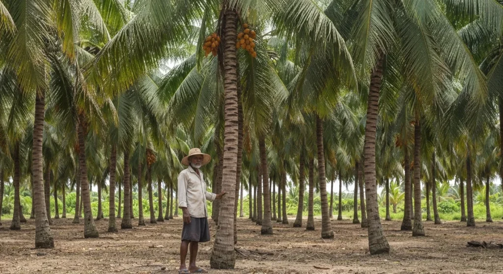 Un fermier de cocos stă lângă copacii săi bătrâni și puțin productivi, pe un teren arid.