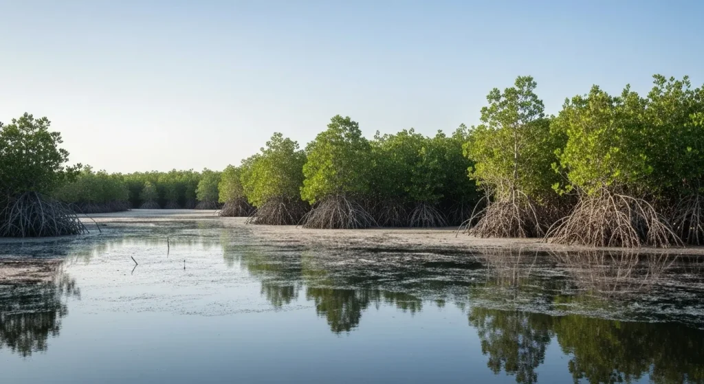 Imaginea prezintă o zonă de coastă devastată, cu mangrove defrișate și apă poluată, ca urmare a creșterii creveților.