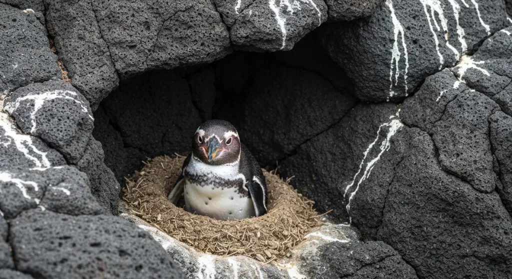 Un pinguin Galapagos în habitatul său natural, pe o stâncă vulcanică lângă ocean.