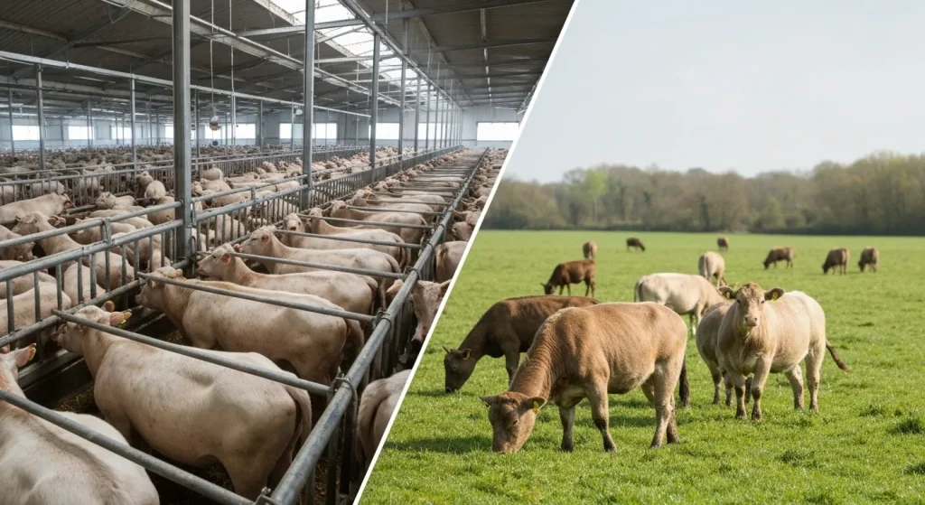 Contrast între spațiul îngust al unei ferme industriale de animale și un peisaj extins cu animale care pasc liber.