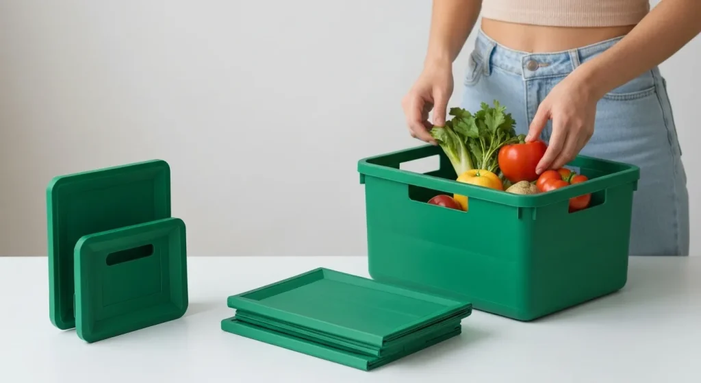 Femeie care își transportă cumpărăturile în cutii reutilizabile de plastic verde și o cutie pliabilă.