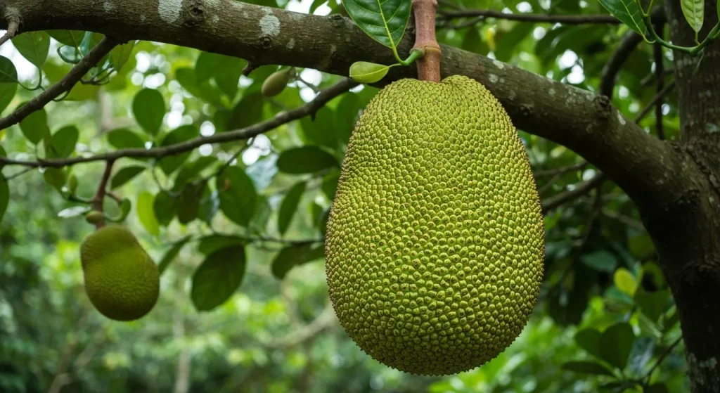 Un fruct de jackfruit mare, verde, atârnă de o ramură de copac, înconjurat de frunziș verde.