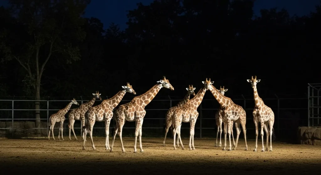 Girafe în captivitate, noaptea, emițând un sunet de zumzăit cu frecvență joasă.
