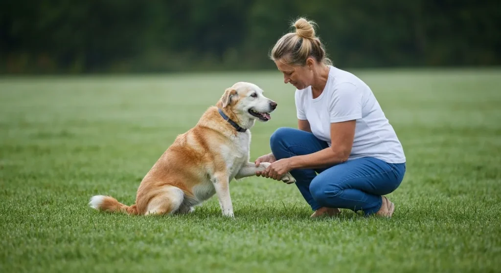 Un câine bătrân și stăpânul său se joacă pe un câmp cu iarbă umedă de rouă, apoi își curăță labele.