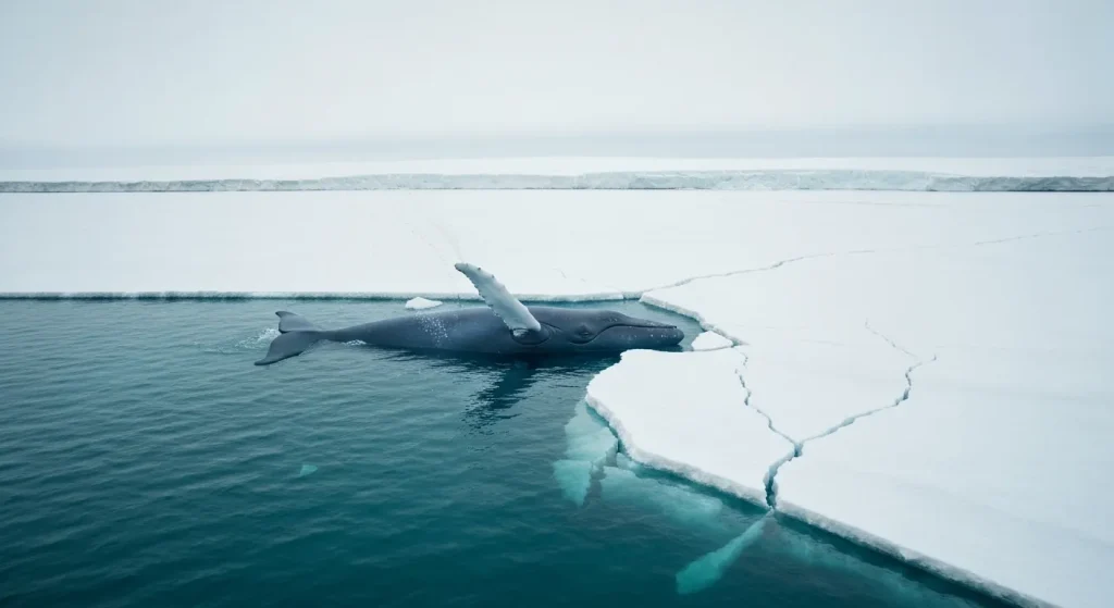 O balenă albastră în ocean, cu o fisură mare de gheață în fundal.