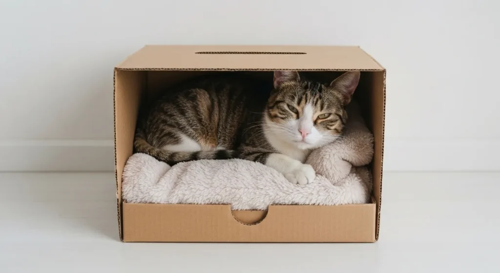 O pisică domestică se odihnește într-o cutie de carton.