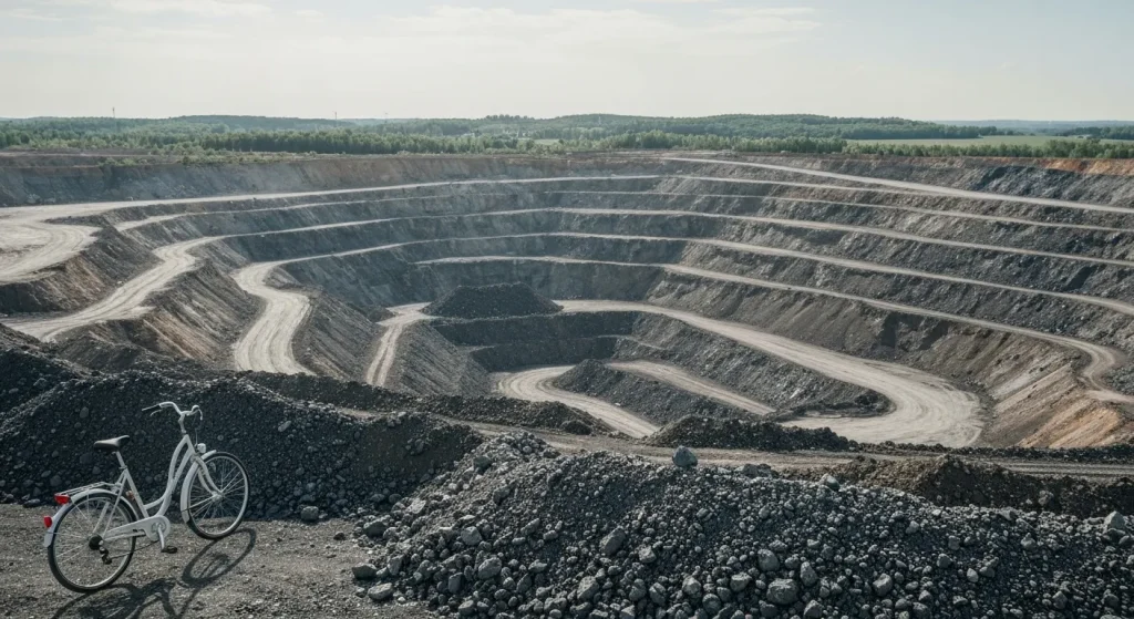 O imagine care prezintă o mină deschisă de unde se extrag minerale pentru bateriile mașinilor electrice.