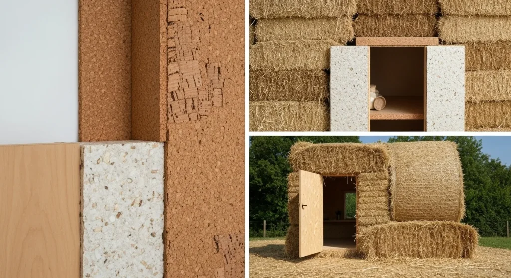 Imagini cu materiale de construcție ecologice: plută, ciuperci și baloți de paie.