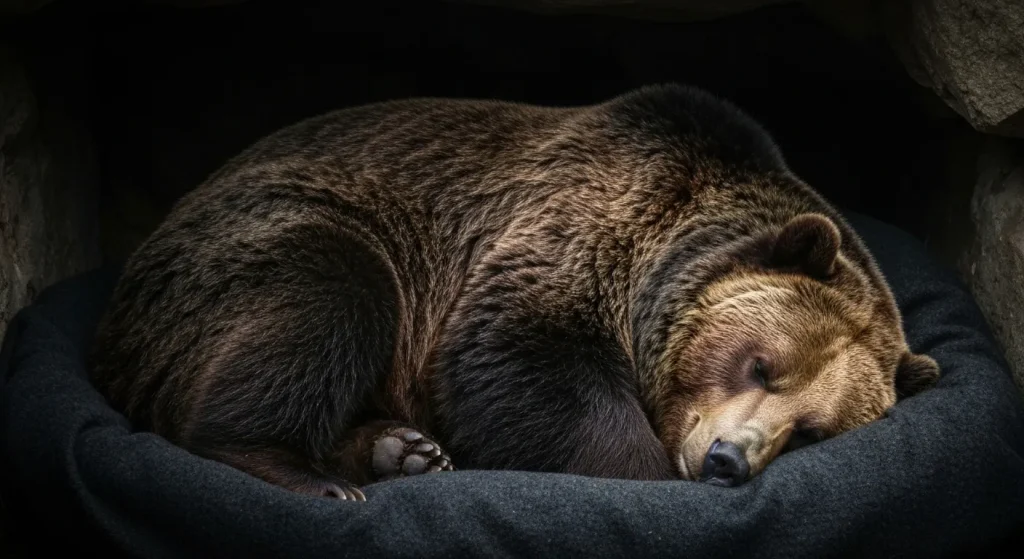 Un urs grizzly adormit în bârlogul său, în timpul iernii.