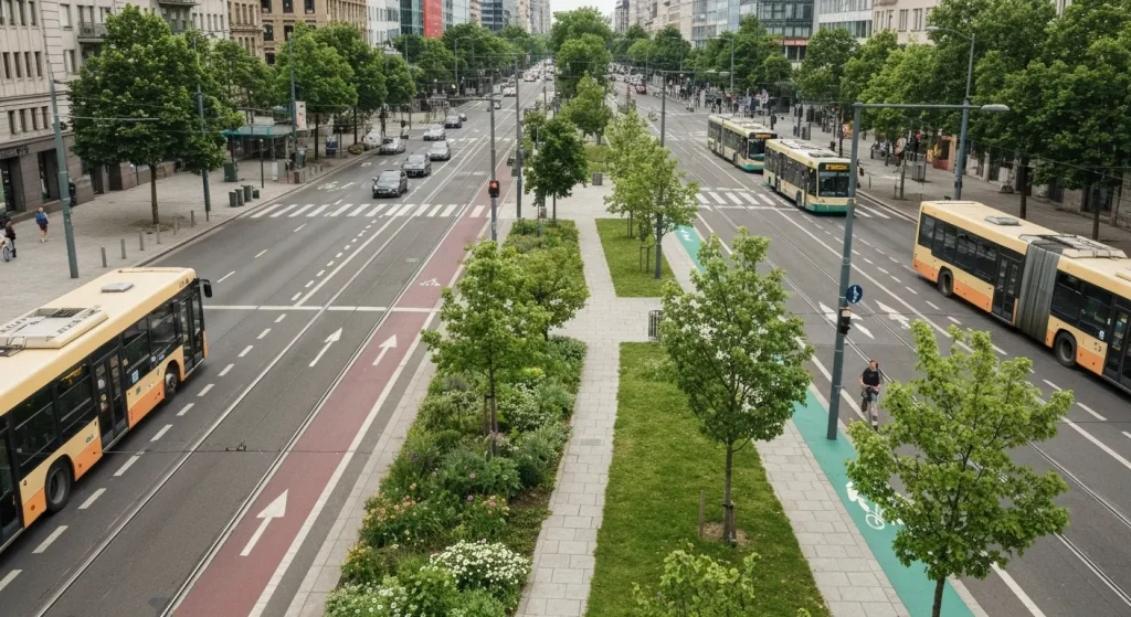 O imagine a unui oraș cu spații verzi extinse, puține mașini, și multe piste pentru biciclete și pietoni.