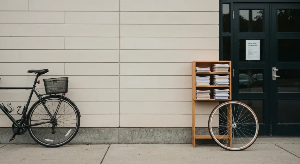 O bicicletă sprijinită de un perete al unei biblioteci, cu o stivă mică de hârtie pe un raft din apropiere.