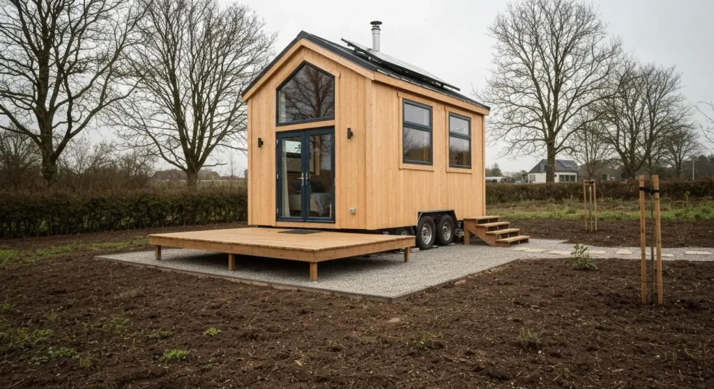 O casă mică bine izolată, construită din materiale ecologice, cu ferestre mari și un aspect modern.