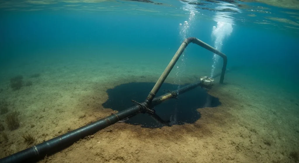 O imagine subacvatică a unei scurgeri de petrol din conducta avariată, parțial acoperită de sedimente, cu un dispozitiv de izolare.