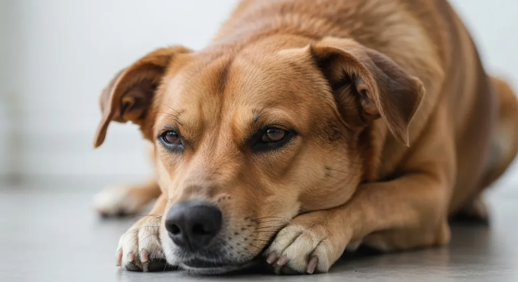Un câine se odihnește pe labe, cu capul aplecat și ochii pe jumătate închiși, într-o postură relaxată.