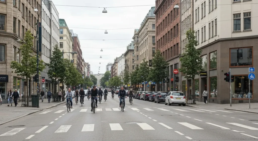 O stradă din centrul orașului Oslo, fără mașini, cu multe biciclete și pietoni.