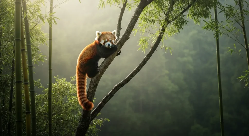 Un panda roșu pe o creangă de copac într-o pădure montană, cu bambus în jur.