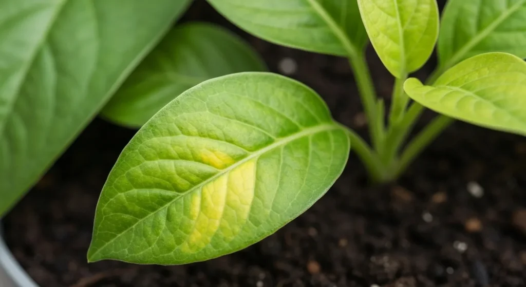 Frunză de plantă cu cloroză, prezentând îngălbenire între nervuri verzi pe fond de frunze verzi sănătoase.