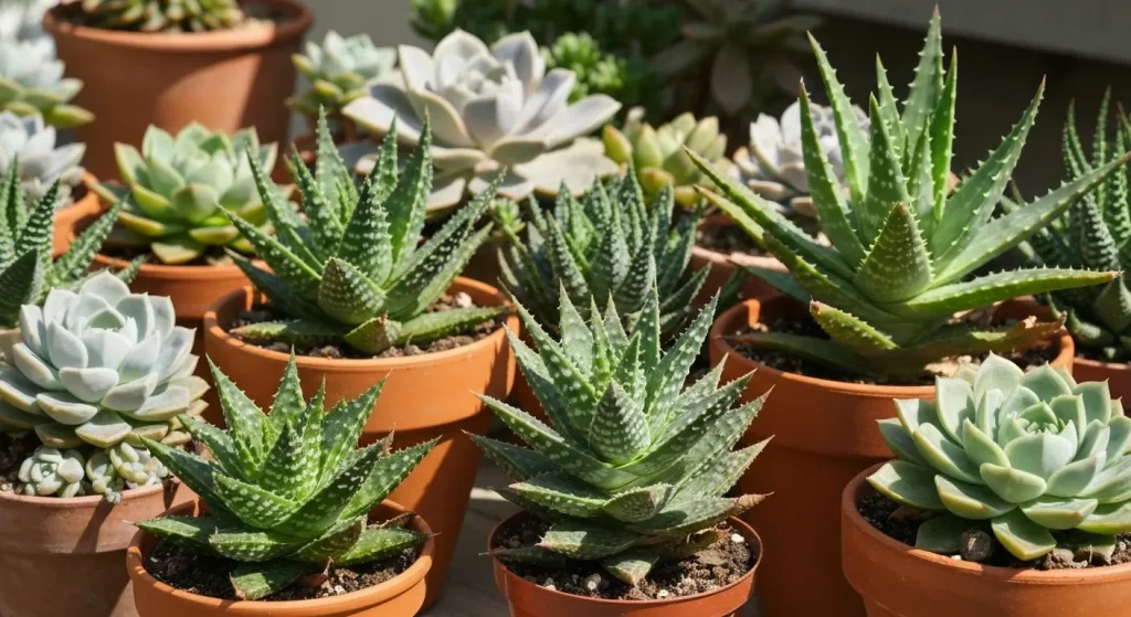 Diverse plante suculente, sănătoase, în ghivece, expuse la lumină solară.
