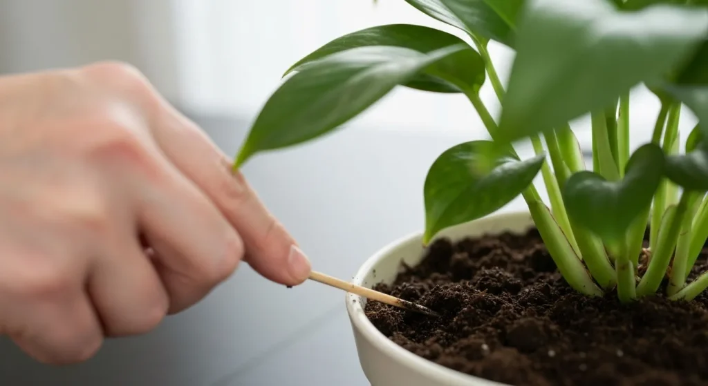 O mână aerează ușor pământul unei plante de apartament cu un bețișor.