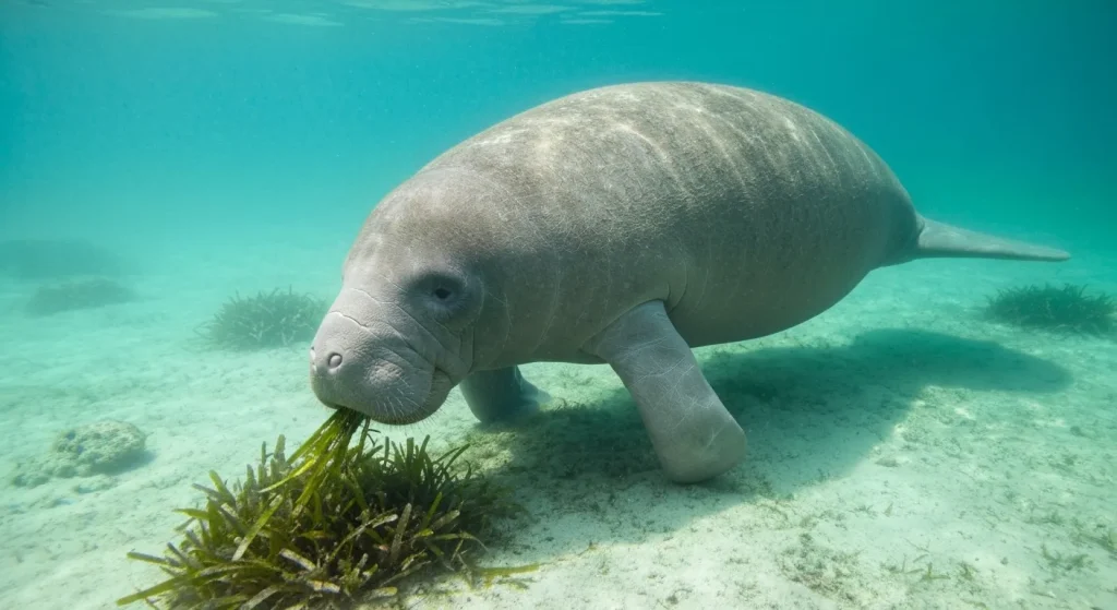 Un lamantin înoată în apă puțin adâncă, hrănindu-se cu ierburi marine.