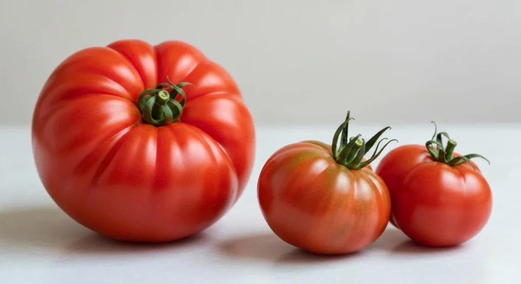 Două roșii, una mare și uniformă, cealaltă mai mică și cu o formă neregulată, ilustrând diferența de aspect între roșiile de supermarket și cele cultivate pentru gust.