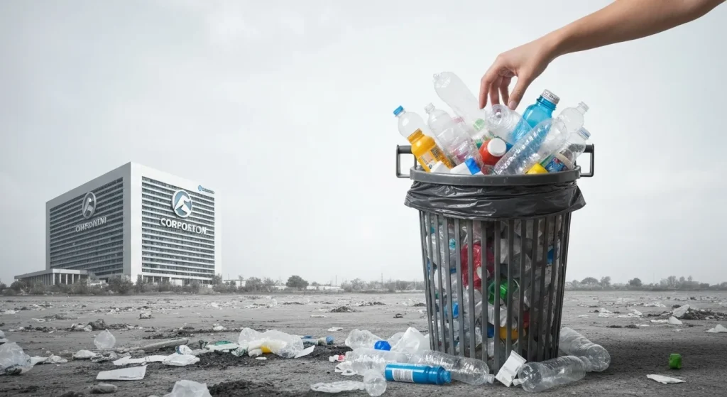 Un coș de gunoi plin cu deșeuri de plastic, cu un logo corporatist vizibil în fundal.