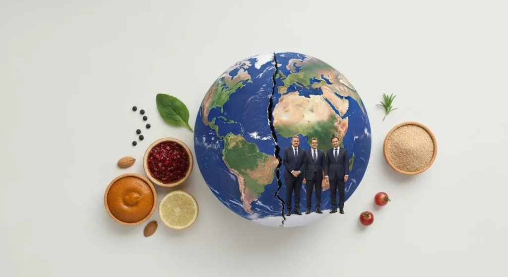 Imagine cu Pământul afectat de schimbările climatice și lideri mondiali, unii colaborând, alții nu.