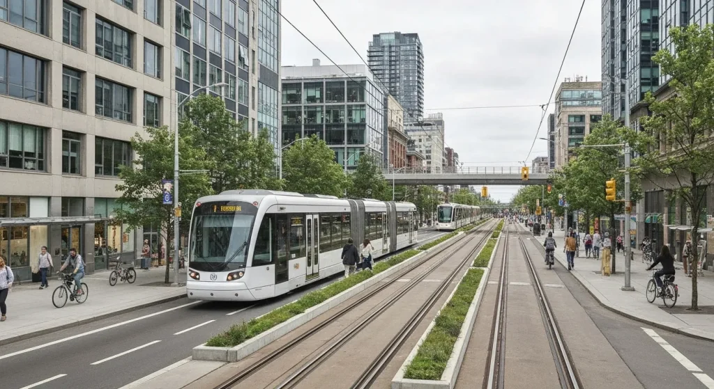 O comparație între un sistem de transport public de suprafață aglomerat și unul subteran, evidențiind diferența de amprentă de carbon și impactul vizual asupra mediului urban.