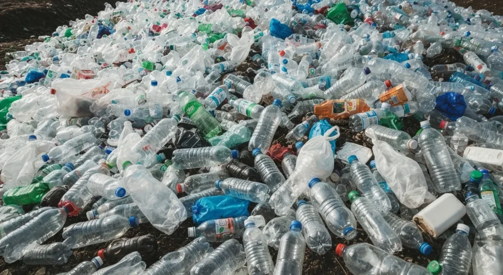 Un depozit de deșeuri supraaglomerat, plin cu diverse recipiente și ambalaje din plastic.