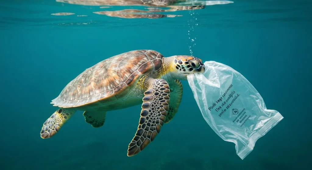 O broască țestoasă marină cu o pungă de plastic în gură, pe fundul oceanului.