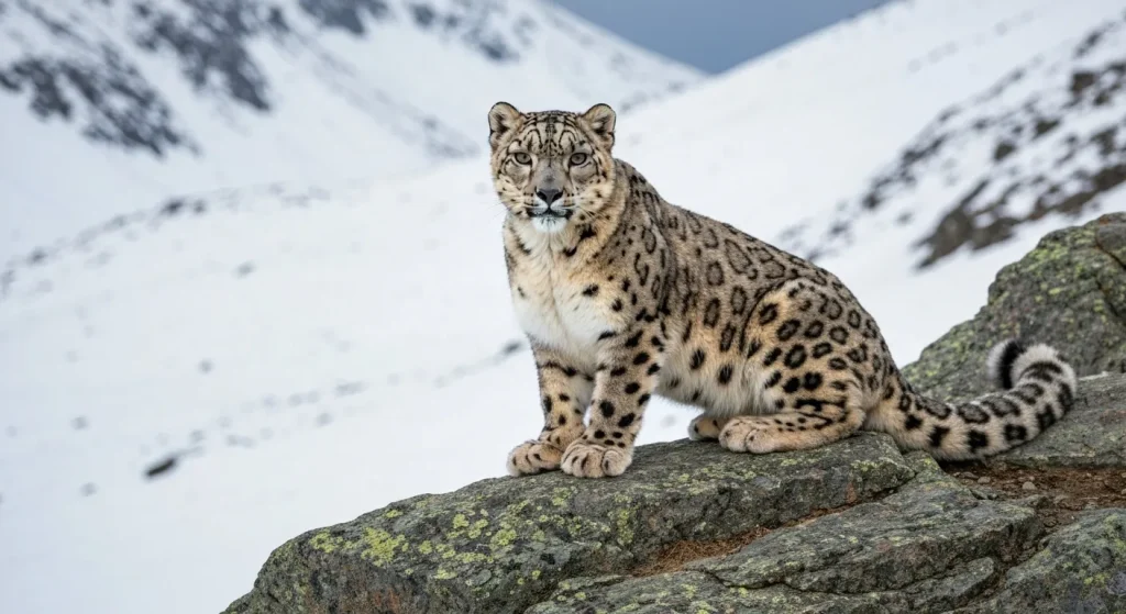 Un leopard de zăpadă în habitatul său montan, înconjurat de stânci și zăpadă.