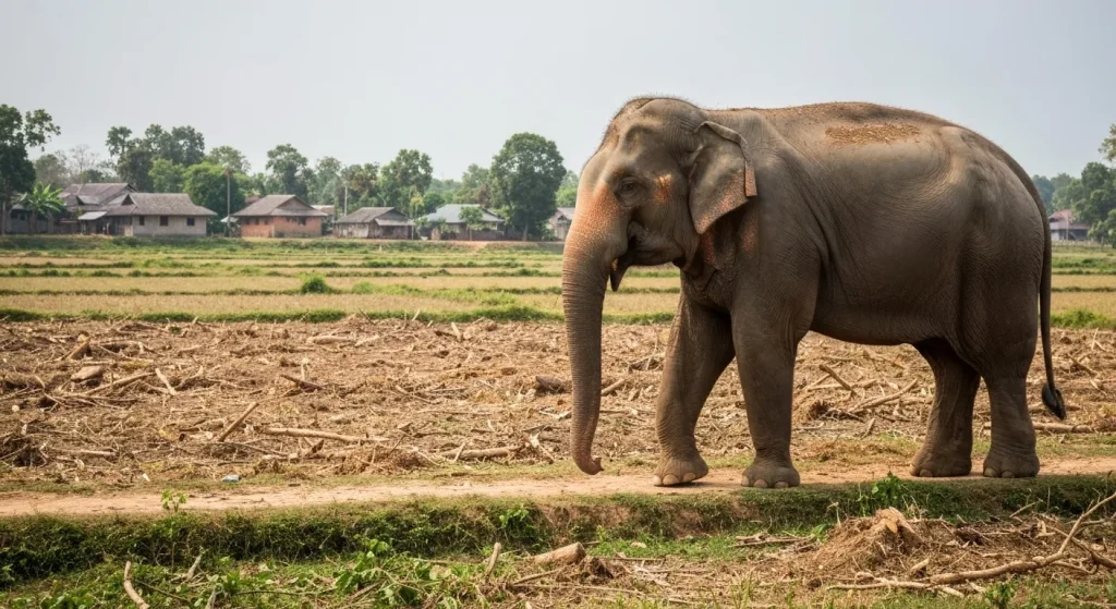 Un elefant asiatic în habitatul său natural, înconjurat de vegetație și semne de activitate umană.
