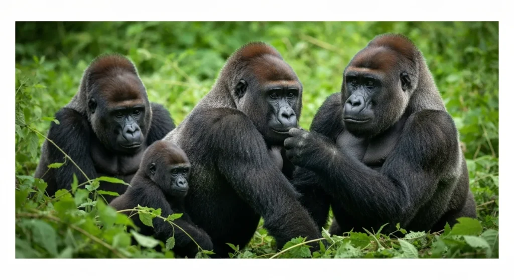 O familie de gorile din câmpia de vest într-o pădure tropicală luxuriantă.
