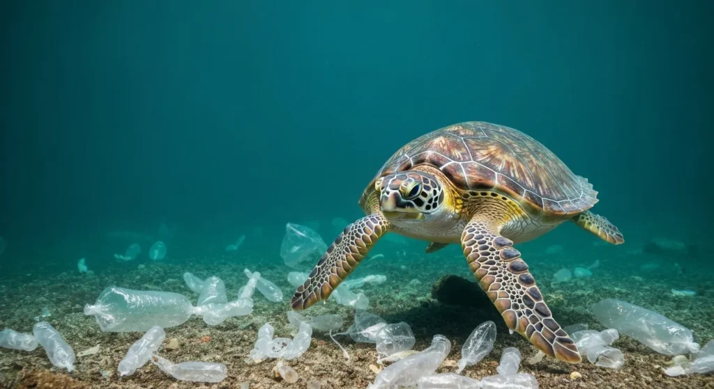 O broască țestoasă marină înotând în ocean, înconjurată de deșeuri de plastic.