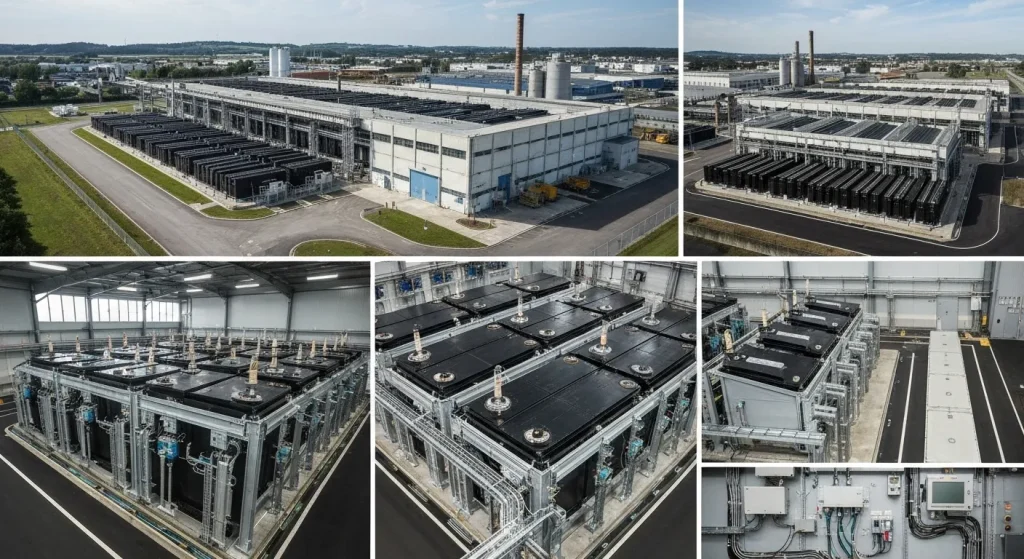 O fabrică modernă, transformată într-o unitate de stocare a energiei pe scară largă, cu panouri solare pe acoperiș.