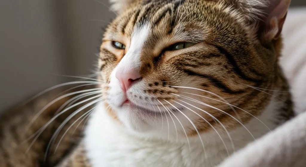 O pisică domestică relaxată, cu ochii închiși pe jumătate, toarce liniștită.