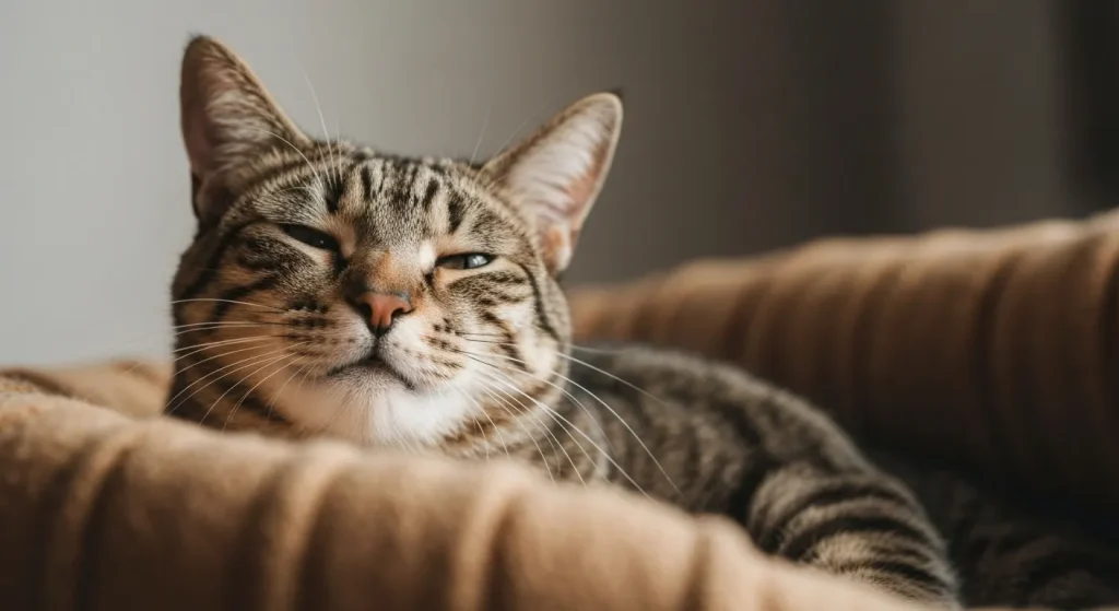 O pisică relaxată, ghemuită, cu o expresie facială calmă, care toarce ușor.