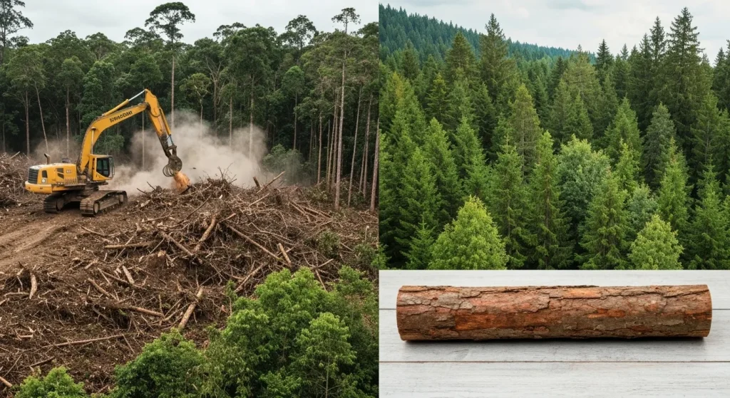 O mașină de defrișare taie o pădure, contrastând cu o imagine a unei păduri sănătoase și a unei plantații de copaci.